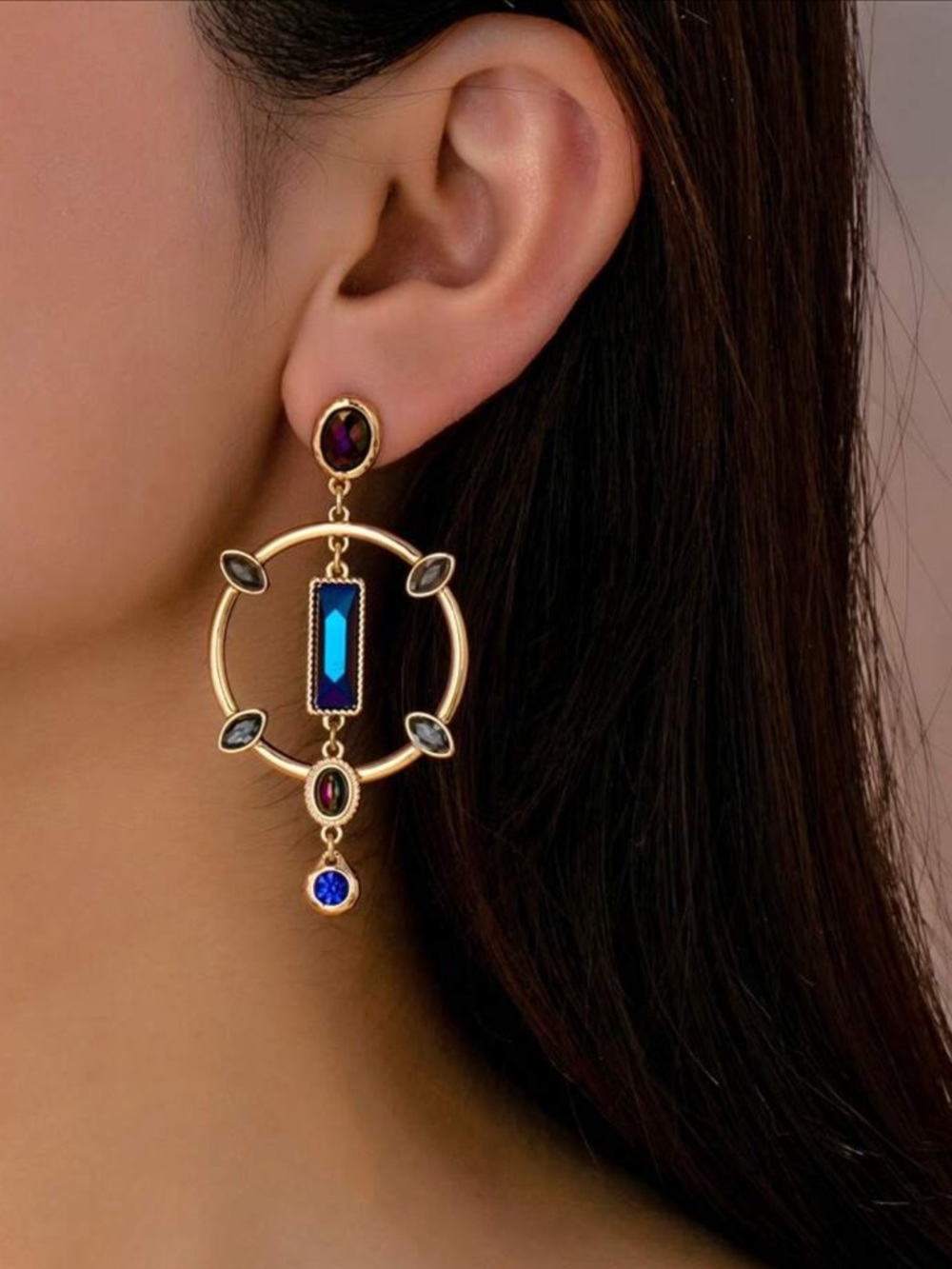 Gold-Tone Blue Multi-Stone Drop Earrings R 449